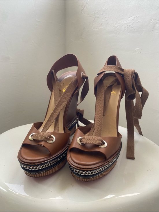Christian Louboutin Shoes - Christian Louboutin Brown Leather Platform Sandals with Chain Trim